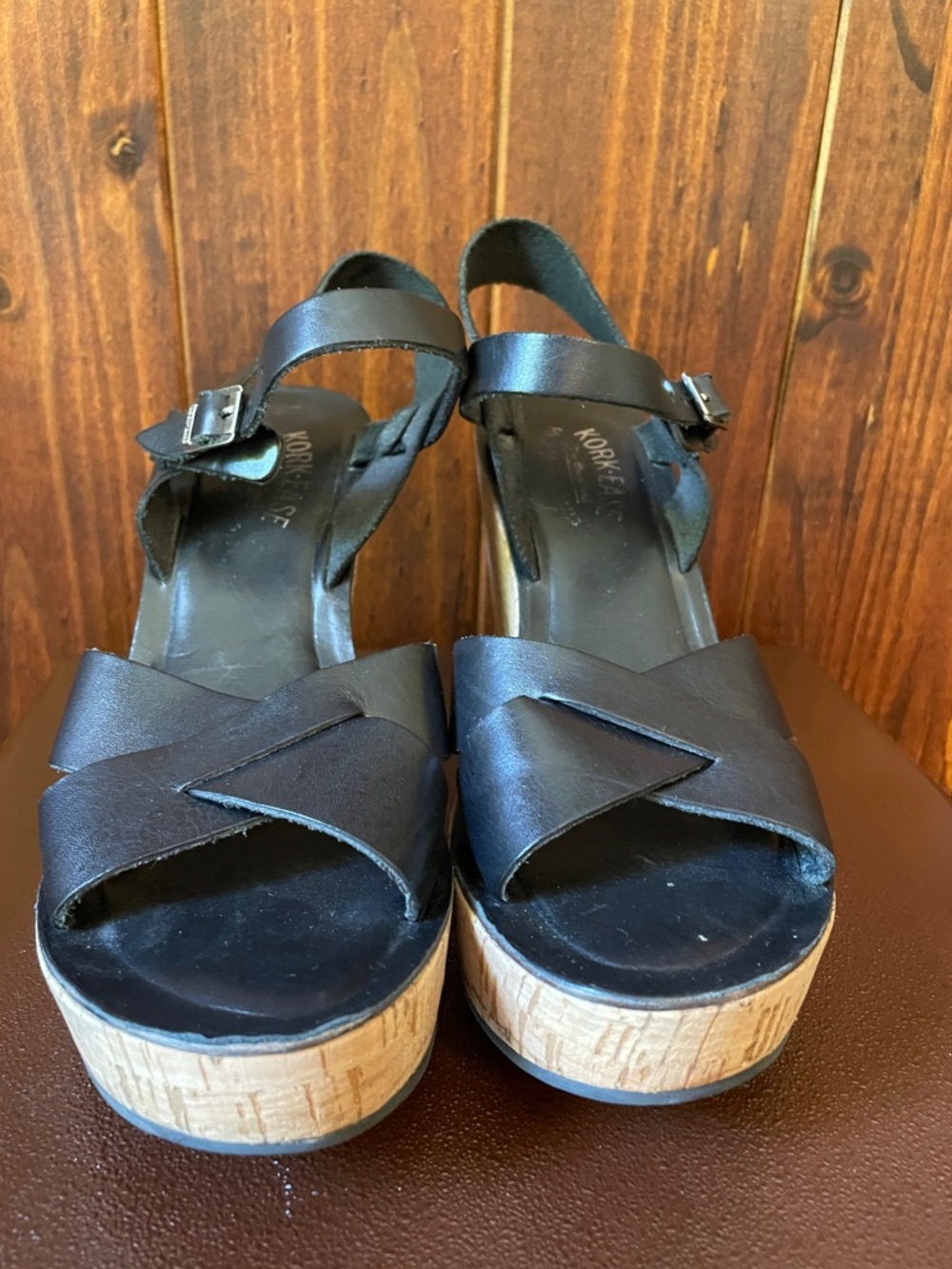 Kork-Ease Black Leather Cork Platform Wedge Sandals Sz9 - Picture 4 of 11